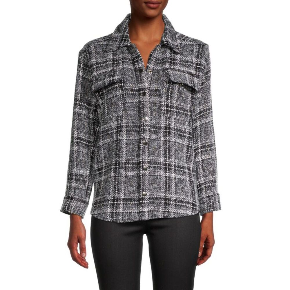 Lea & Viola Plaid Tweed Shirt M Essential Snap Buttons Black White Minimalist